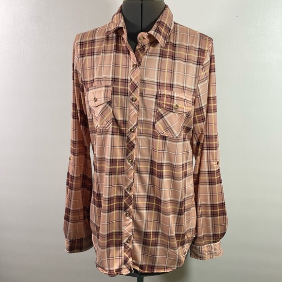 Passport Tops - Passport Shirt/Top Women Size Large  Light Pink & Black  Plaid Long Tab Sleeve